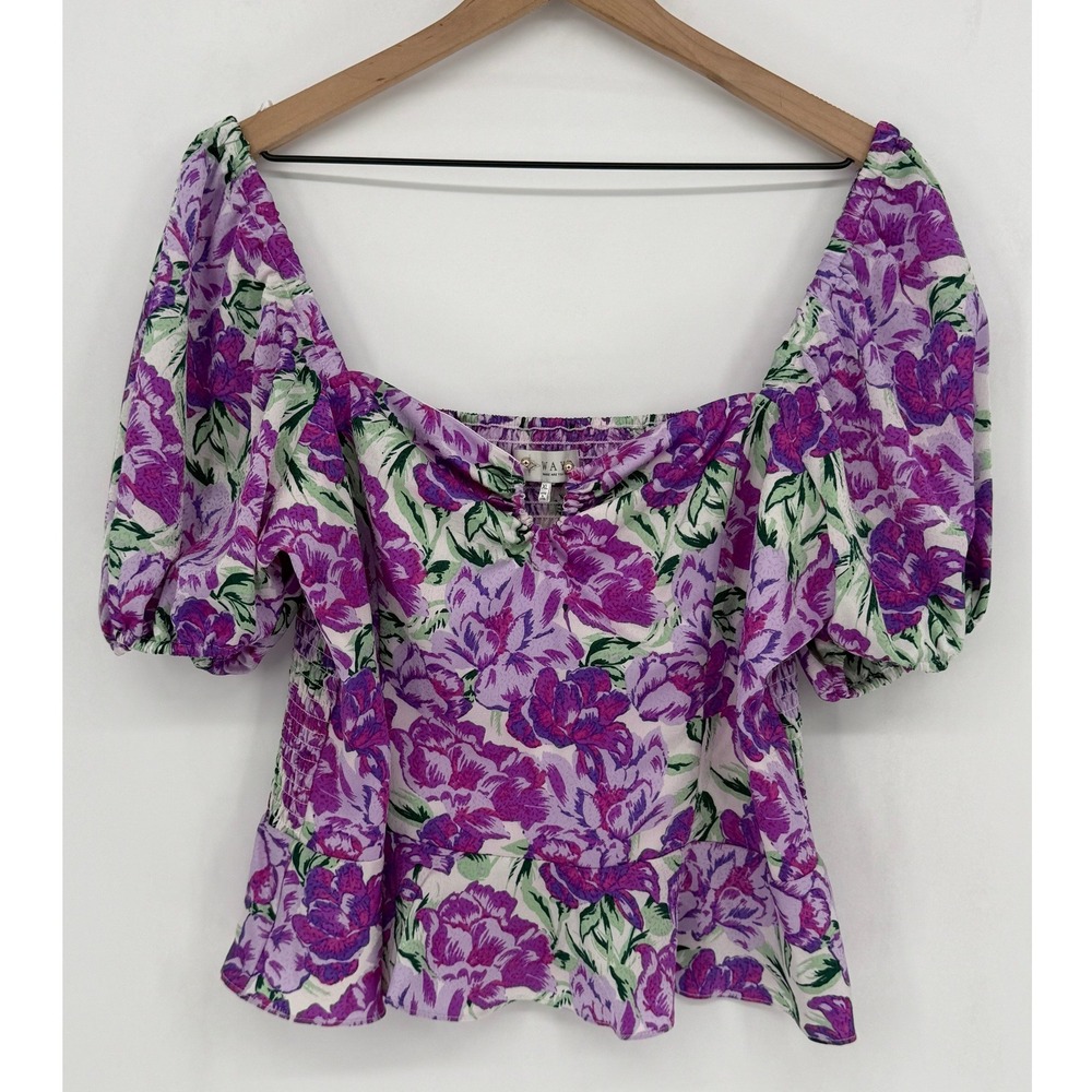 WAYF Floral Puff Sleeve Top Women XL Purple Peplum Smocked Cottagecore Peasant